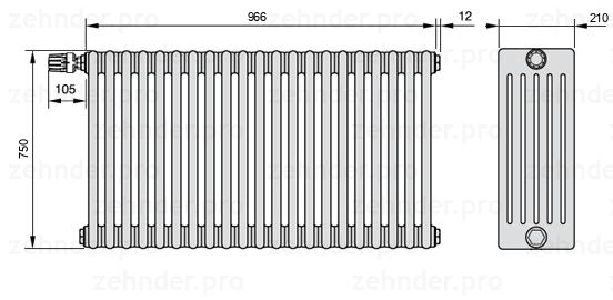 Схема (чертеж) Радиатор Zehnder Charleston 6075/21 №V012 Белый глянцевый RAL 9016